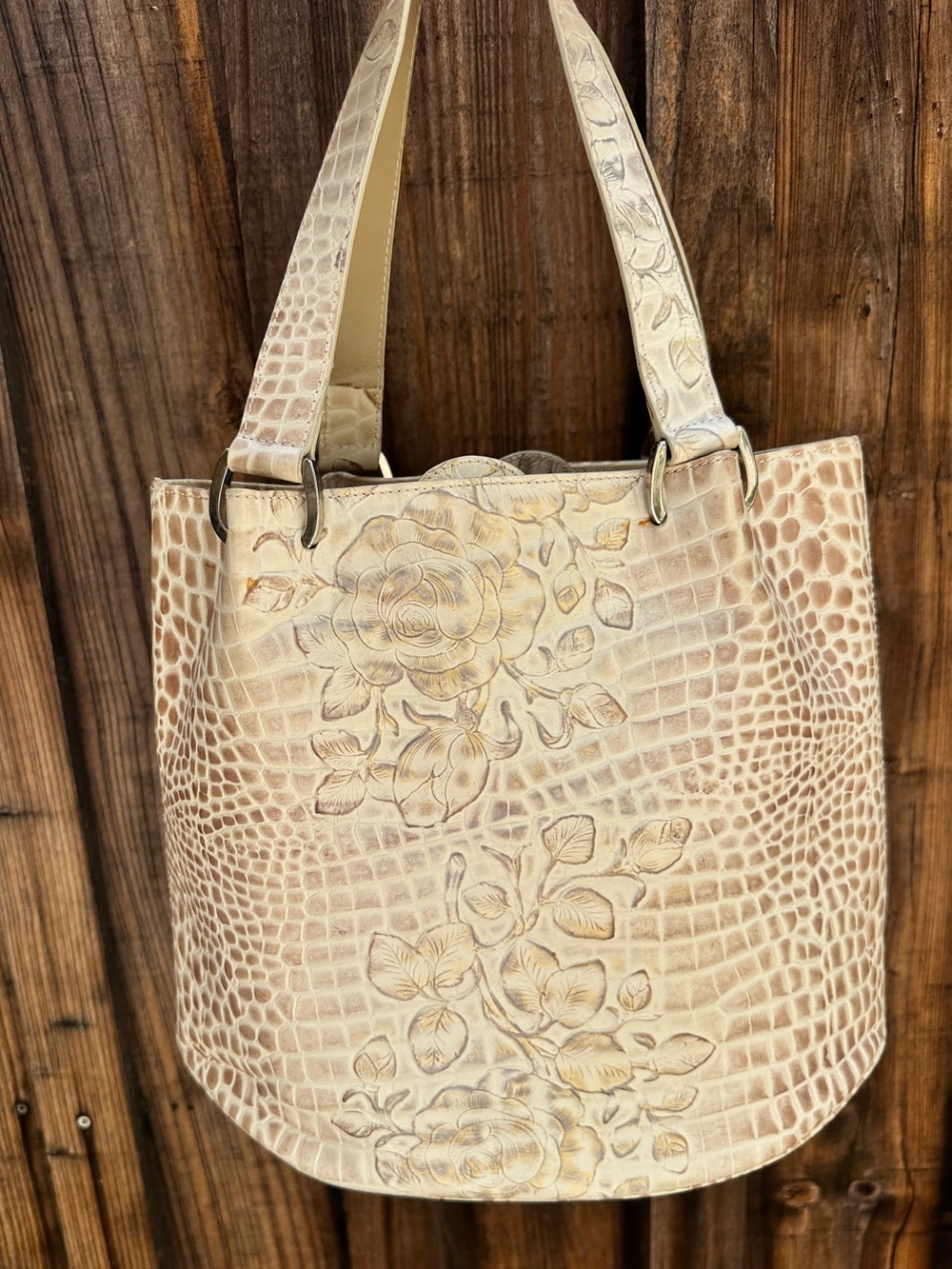 VINTAGE Silvano Biagini Boho Cream Croc/Rose Embossed Old Money Bucket Purse